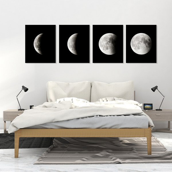 Mustavalkoinen kuu olohuoneen seinälle ripustettava maalaus, 4-osainen luna-sarja