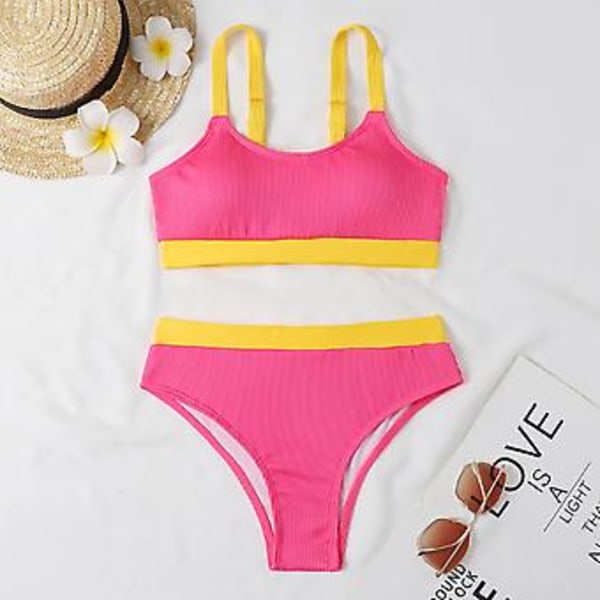 Dame Badetøy Sommer Fargeblokk Ribbet Bikini Polstret Badetøy Badetøy Strandtøy Svømmedrakt (L Rose Red)