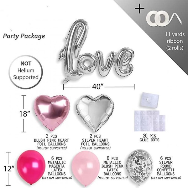 Stort set med kärleksballonger, 40-tums foliebokstäverballonger med återanvändbart miljövänligt material för bröllopsdagsdekorationer (silver)