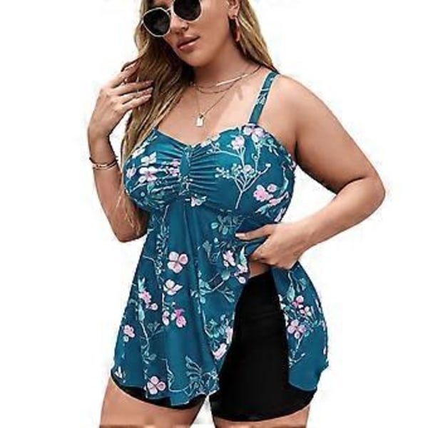 Dame Badetøj i Plus Størrelse med Blomsterprint, 2-delt Tankini Badetøj med Shorts til Svømning Strandfester (2XL Søblå Blomst)