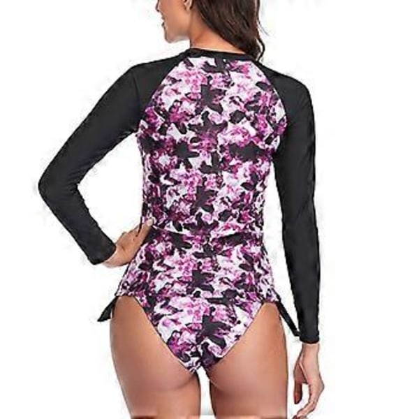Naisten kaksiosainen uimapuku polyesterikuitua hengittävä pyöreä kaulus pitkähihainen kolmiopainatus naisten uimapuku (XL Pink)