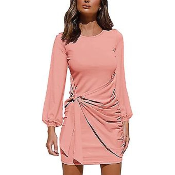 Kvinnors Höst Lång Lykta Ärm Crewneck Bodycon Wrap Knyt Midja Mini Klänningar S-2xl S