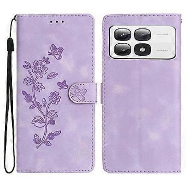 Til Xiaomi 14T Pro Etui Læder Præget Blomster Telefon Cover Wallet med Håndledsrem (Style E)