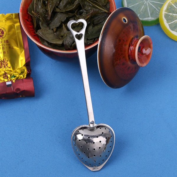10 st tefilter med lång grepp i rostfritt stål Mesh hjärtformad