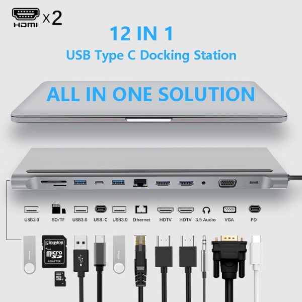 Grå USB Type-C Hub Adapter Dockningsstation för bärbar dator, MST Dual