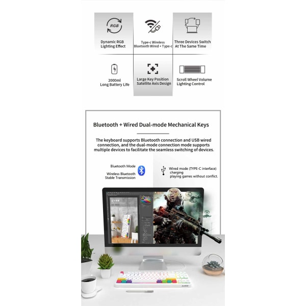87 tangenter RGB Mekaniskt Tangentbord Trådlös bluetooth + Typ C