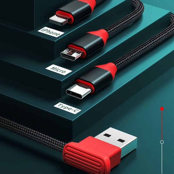 Svart 3 i 1 USB kabel Typ C Micro Snabbladdningssladd Nylon