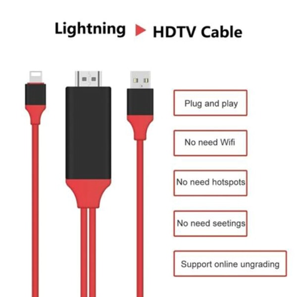 (Röd) Lightning to Cable HD TV Adapter Lead 2M för iPhone 11