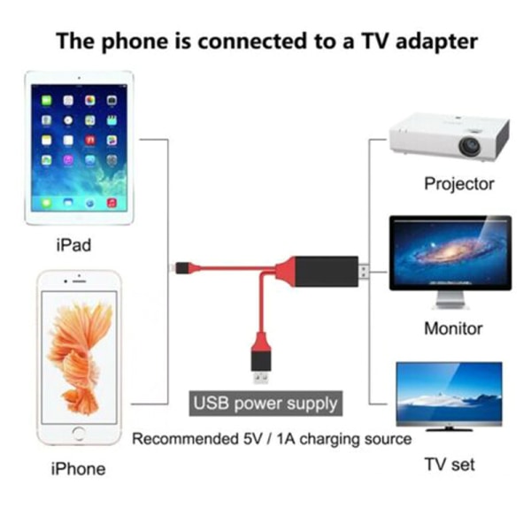 (Röd) Lightning to Cable HD TV Adapter Lead 2M för iPhone 11