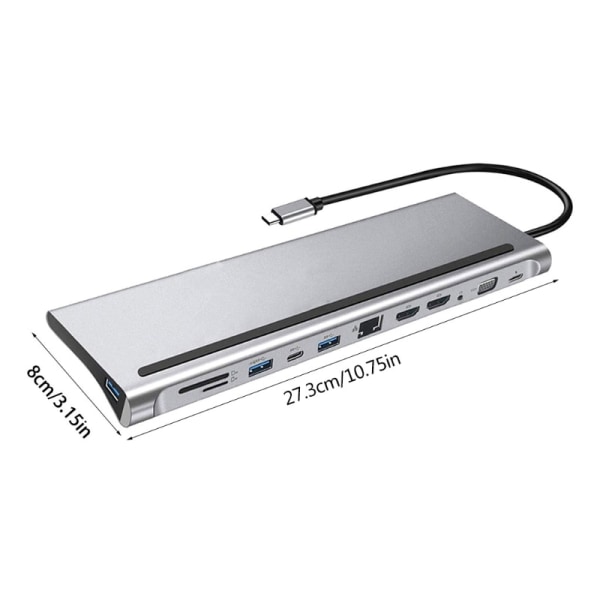Grå 12-i-1 USB Type-C Hub till Dual HDMI-kompatibel Rj45