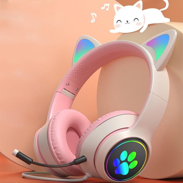 Kabelanslutet Gaming Headset Cat Ear Hörlurar För PC Dator Rosa