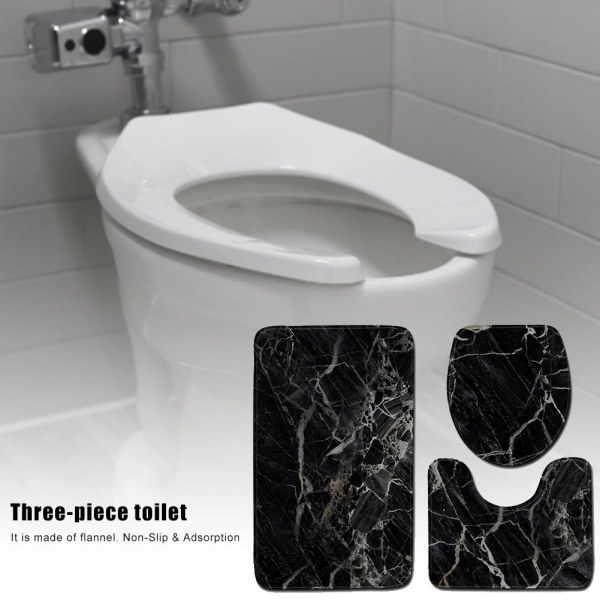 Toalett 3-delat set, svart marmor badrumsmatta set, halkfri