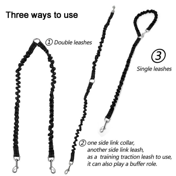 Bungee Double Dog Coupler Leath, No Tangle Two 2 Hundkoppel