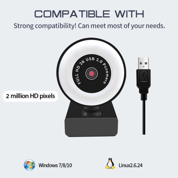 1080P /2K HD USB 2.0 Autofokus webbkamera med mikrofon och LED-ring
