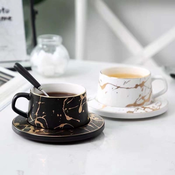 3 st keramiska kaffekoppar och set, gyllene linje White Marbling