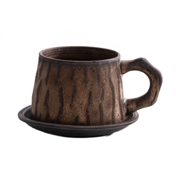Kreativa kaffekoppar och fat i stengods, handgjorda retro Copper