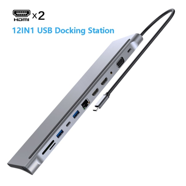 Grå USB Type-C Hub Adapter Dockningsstation för bärbar dator, MST Dual
