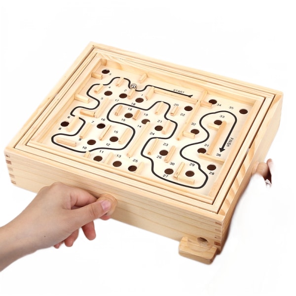 Trä 3D magnetisk boll labyrint pussel leksak trä case box kul