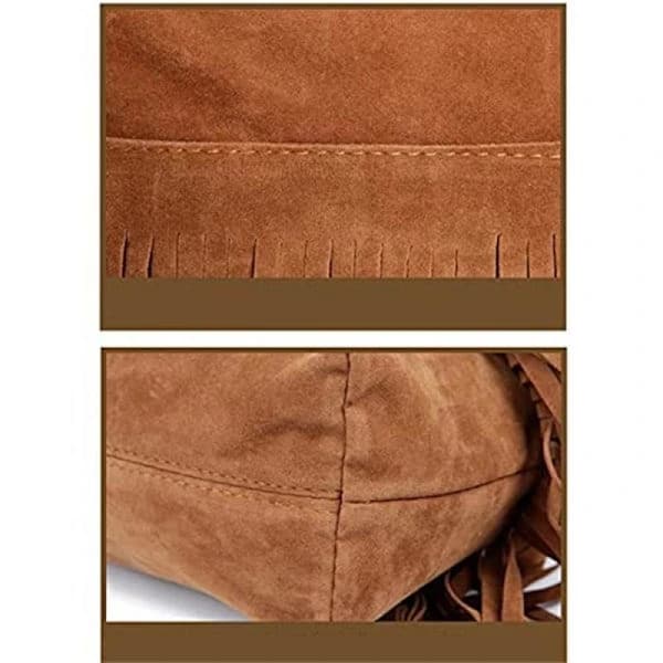 Fringed Leather Bag with Adjustable Knitted Shoulder Strap; Soft Suede Ethnic Inspired Shoulder Bag; Solid Color Fringed Shoulder Bag.