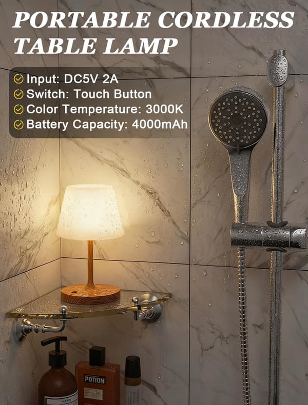 Wireless Shower Lamp Waterproof - 4000mAh Rechargeable IP54 Outdoor Table Lamp, Bathroom & Camping, Touch Dimming