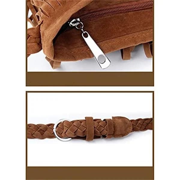 Fringed Leather Bag with Adjustable Knitted Shoulder Strap; Soft Suede Ethnic Inspired Shoulder Bag; Solid Color Fringed Shoulder Bag.