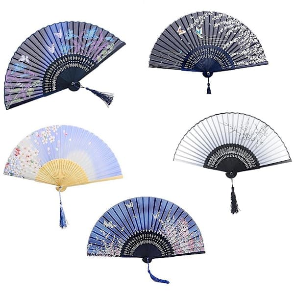 5-pak foldbare silkehåndvifter med japansk-inspirerede designs