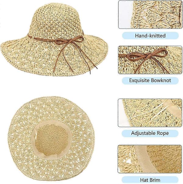 Sammenfoldelig Solhat Dame Anti-UV, Panama Solhat med Bred Skygge, Capeline med Sløjfedekoration