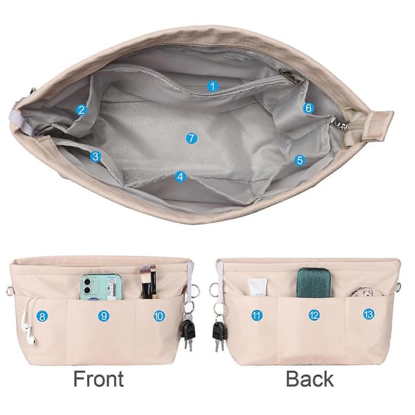 Handbag Organizer, Nylon Bag Organizer with Keychain, Inner Pockets, Waterproof for Handbag Organizer, beige, M