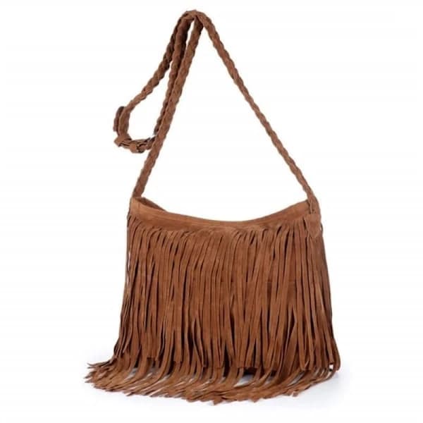 Fringed Leather Bag with Adjustable Knitted Shoulder Strap; Soft Suede Ethnic Inspired Shoulder Bag; Solid Color Fringed Shoulder Bag.