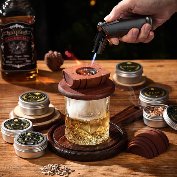 Whiskyrökarkit med brännare, 6 träflissmaker, 2 glas och 2 isformar