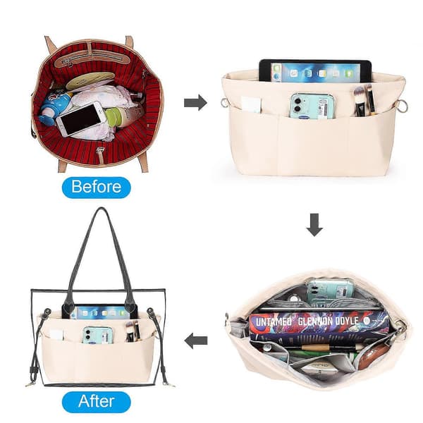 Handbag Organizer, Nylon Bag Organizer with Keychain, Inner Pockets, Waterproof for Handbag Organizer, beige, M