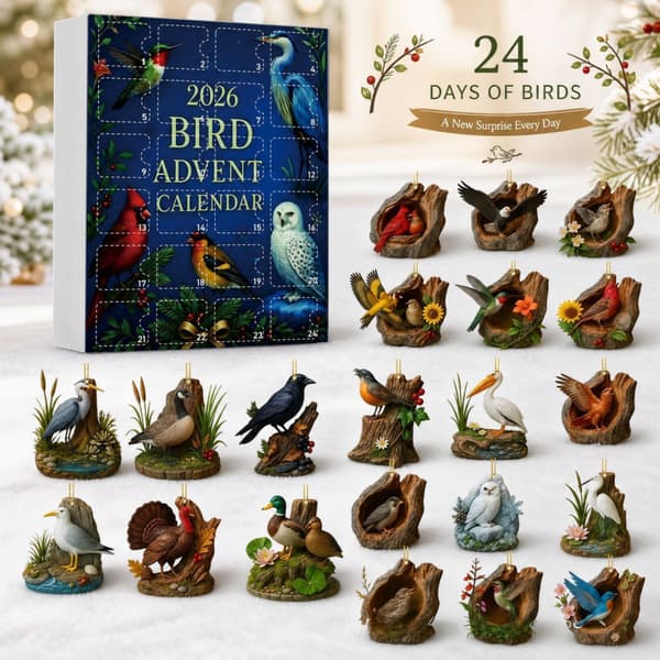 Fågel-adventskalender, 24-dagars julnedräkning med djurprydnader