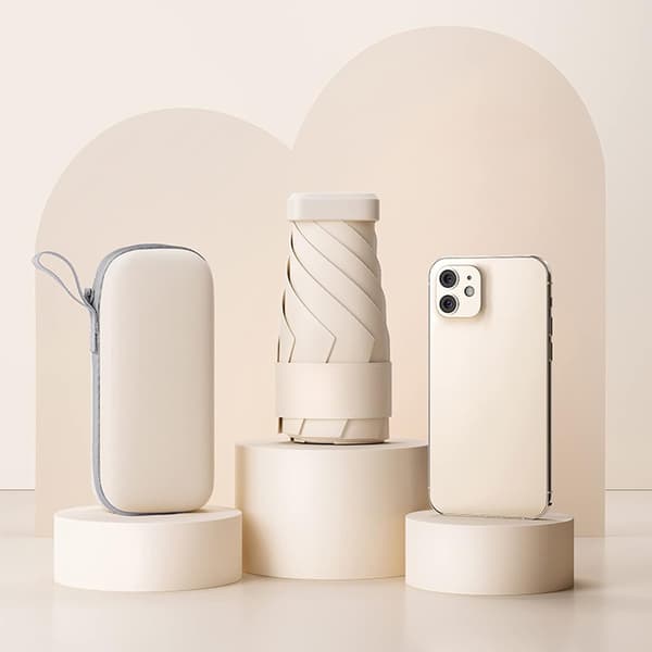 Miniparaply for veske, bærbart og kompakt, perfekt for regn og sol med UV-beskyttelse Beige