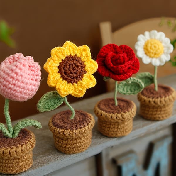 Håndheklet kunstig blomst - Solsikke med doble blader