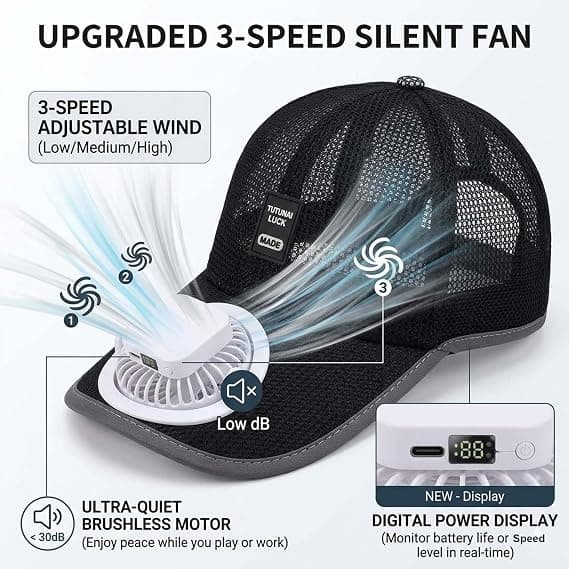 Solar Powered Fan Cap, USB Rechargeable Baseball Cap, 3 Speeds for Women & Men Outdoors Light Grey