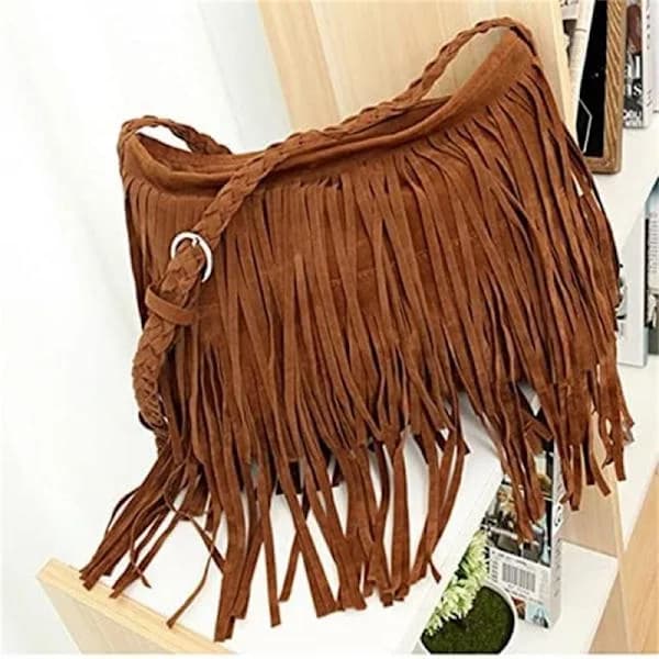 Fringed Leather Bag with Adjustable Knitted Shoulder Strap; Soft Suede Ethnic Inspired Shoulder Bag; Solid Color Fringed Shoulder Bag.