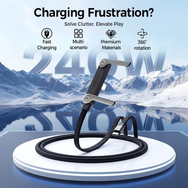 2-pakning 240W USB-C til USB-C hurtigladekabler med telefonstativ