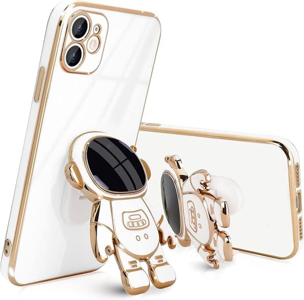 Compatible with iPhone 12 Case Cute 3D Astronaut Stand Design Camera P piano white