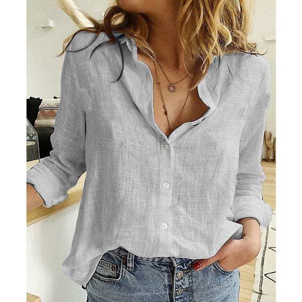 Dame ensfarget skjorte i linblanding med knapper og krage Grey S