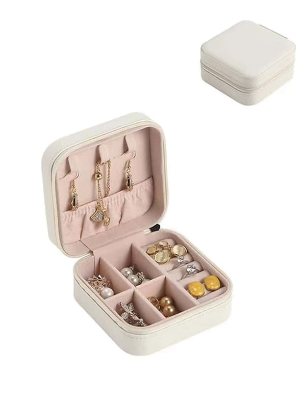 Mini smykkeoppbevaringsboks i PU med glidelås for reise Beige