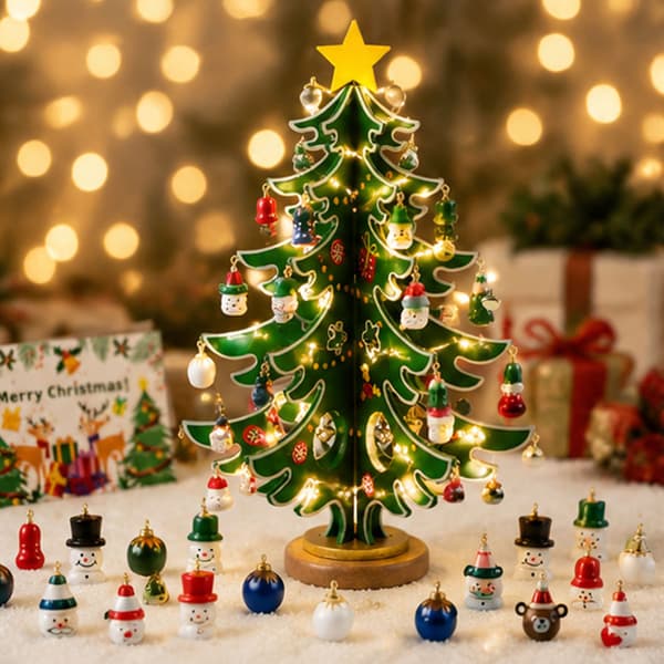 Juletræs-julekalender i træ med lys, julepynt til nedtælling