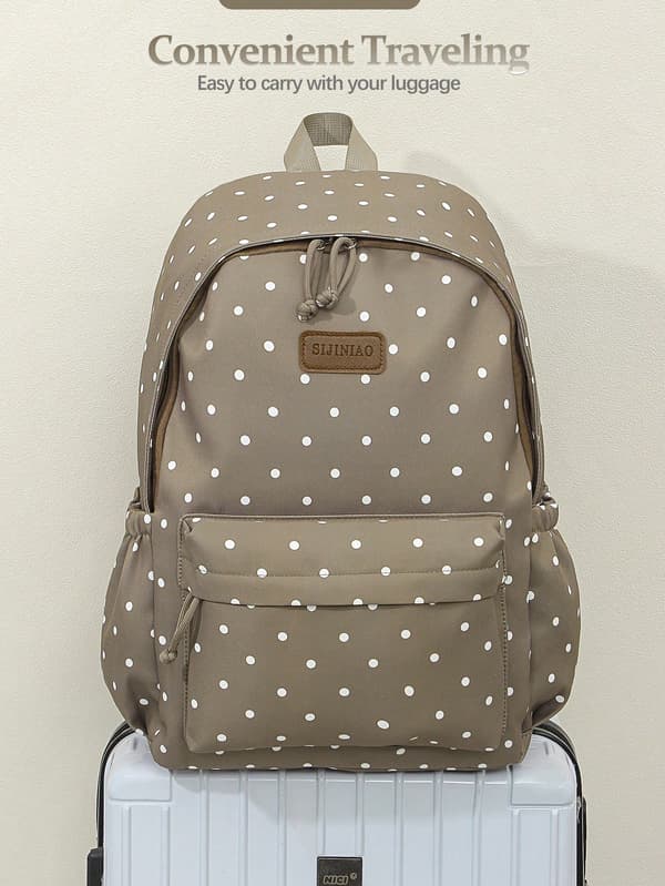 Polka Dot Polyester Commuter Backpack with Large Capacity Beige