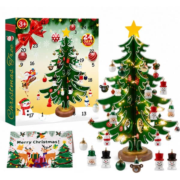 Juletræs-julekalender i træ med lys, julepynt til nedtælling