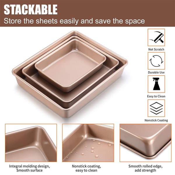 Dype Bakeplater Sett Nonstick, Rektangulær Kakeform, Stablebart Bakeplatesett på 3, Ovnformer for Baking, Gull (9'/11'/13') Deep Baking Pans