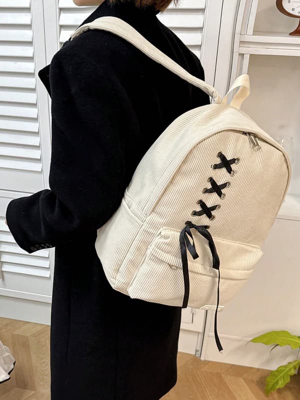 Polka Dot Polyester Commuter Backpack with Large Capacity White