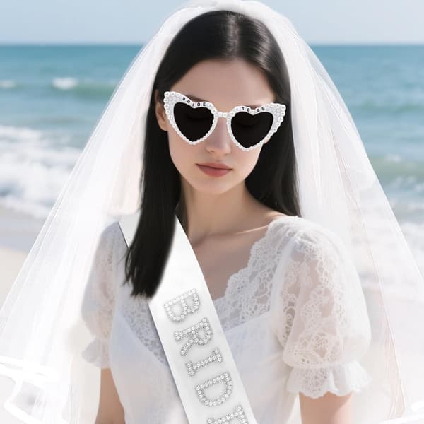 Brudeslør og Diadem Sæt med Hjerte Solbriller, Perle BRIDE TO BE Bryllupstilbehør til Polterabend og Bryllupsfester White A