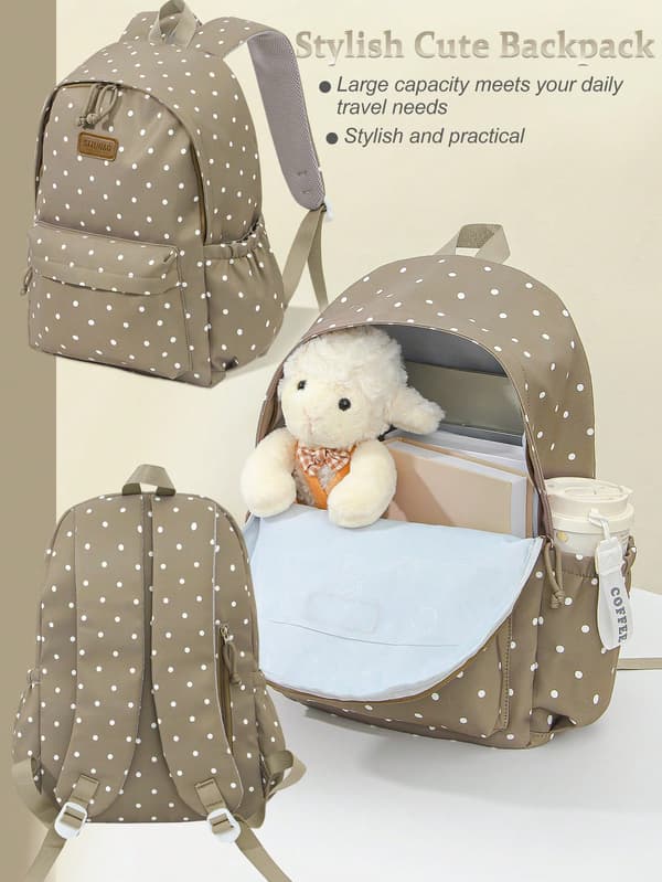 Prikket pendlerryggsekk i polyester med stor kapasitet Beige