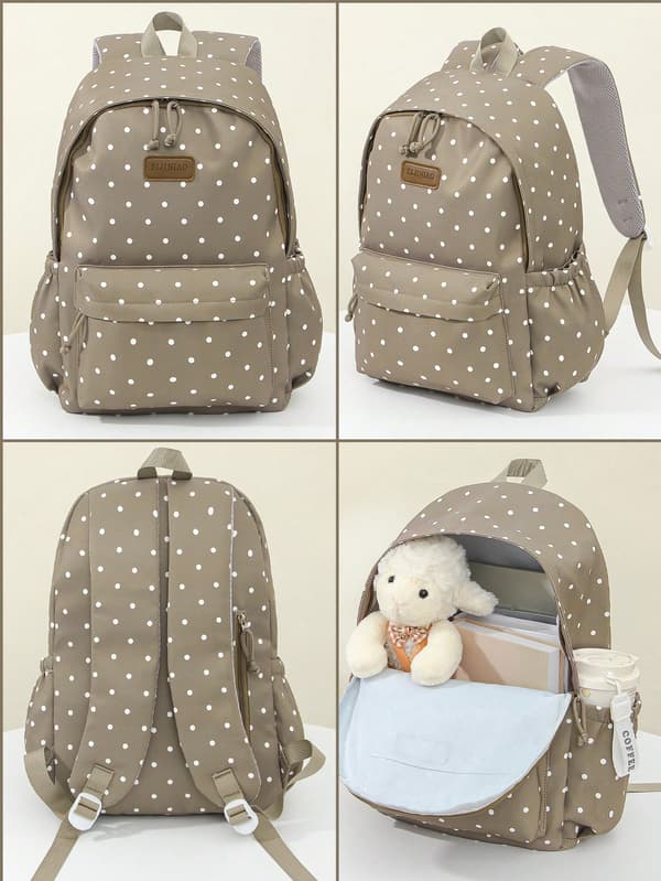 Prikket pendlerryggsekk i polyester med stor kapasitet Beige