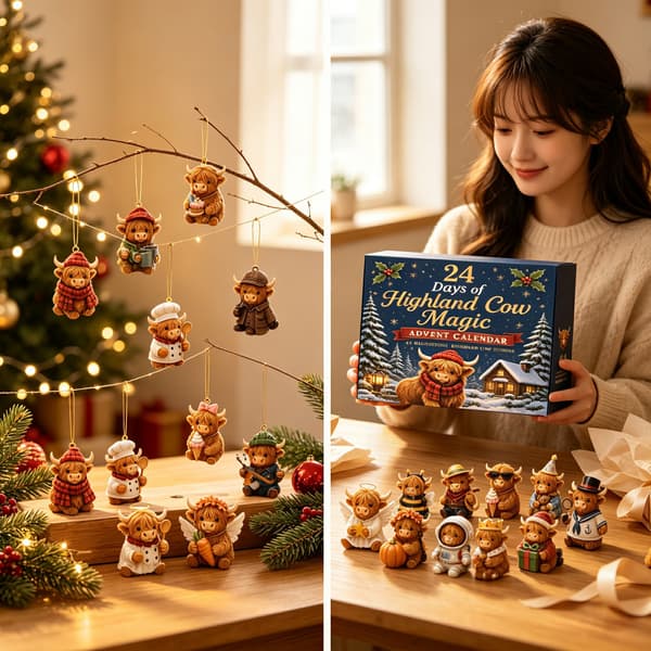 Highland Cow Adventskalender, julnedräkning med söta djurprydnader