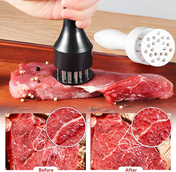 Stainless Steel Meat Tenderizer, 21 Sharp Needles, for Tenderizing Beef, Turkey, Chicken, Steak, Pork, Fish (Black) White